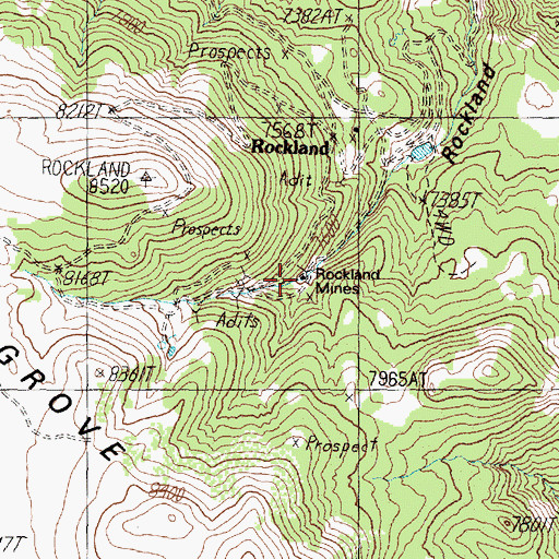 Topographic Map of Rockland Mine Post Office (historical), NV