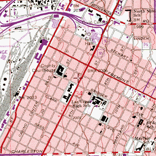 Topographic Map of Las Vegas Downtown Post Office, NV