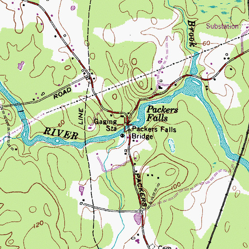Topographic Map of Packers Falls Bridge, NH