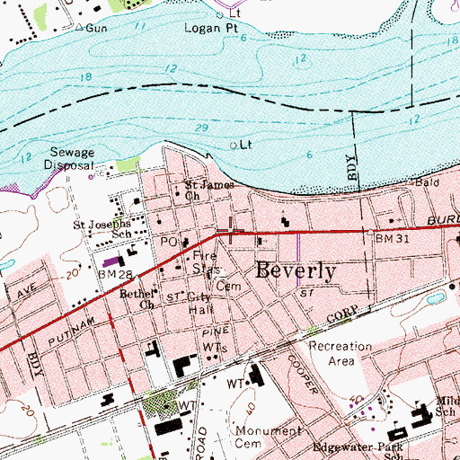 Topographic Map of Beverly, NJ