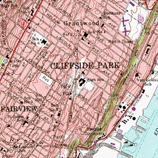 Topographic Map of Cliffside Park, NJ