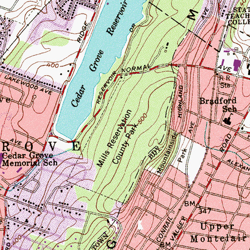 Topographic Map of Davella Mills County Park, NJ
