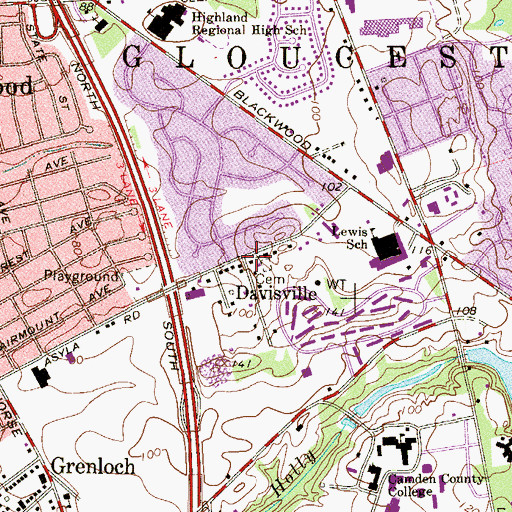 Topographic Map of Davisville, NJ