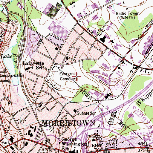 Topographic Map of Evergreen Cemetery, NJ