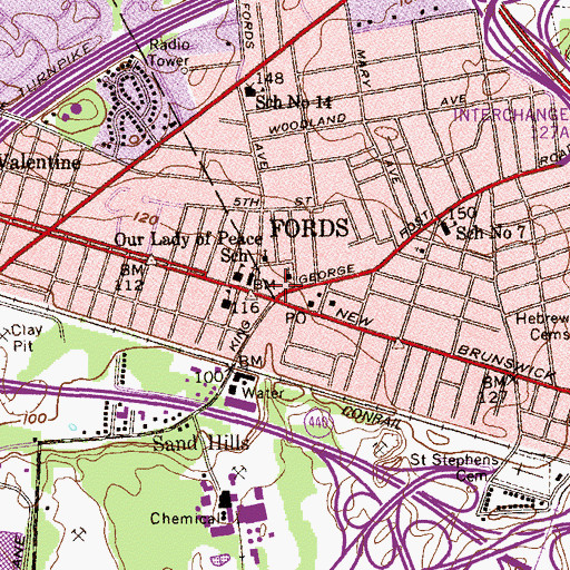 Topographic Map of Fords, NJ