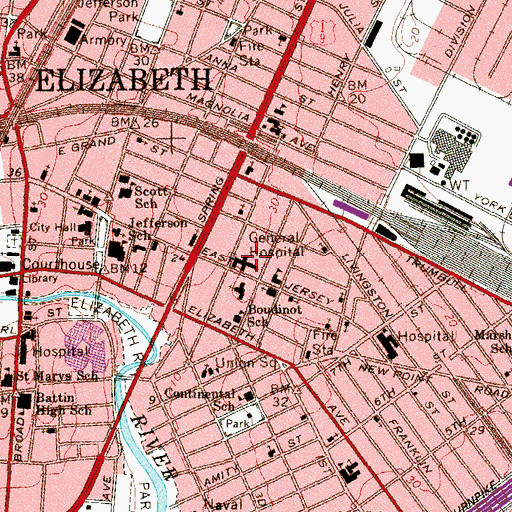 Topographic Map of Elizabeth General Hospital, NJ