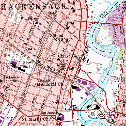 Topographic Map of Hackensack, NJ