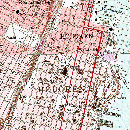 Topographic Map of Hoboken High School, NJ