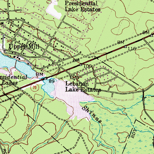 Topographic Map of Lebanon Lake Estates, NJ