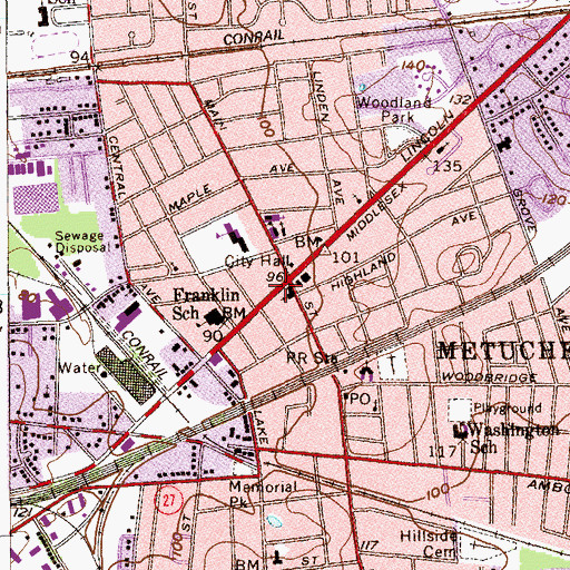 Topographic Map of Metuchen, NJ