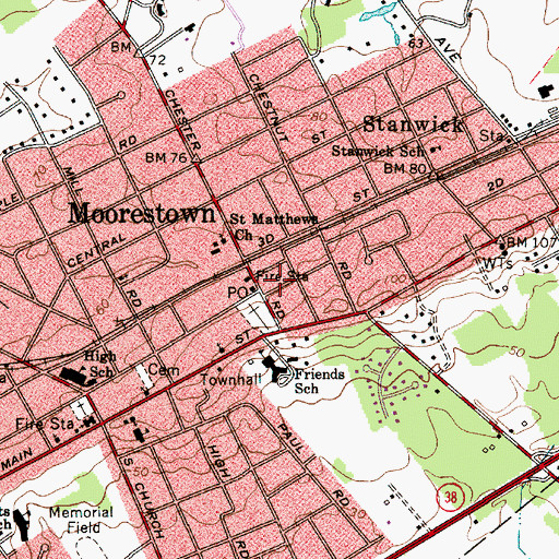 Topographic Map of Moorestown, NJ