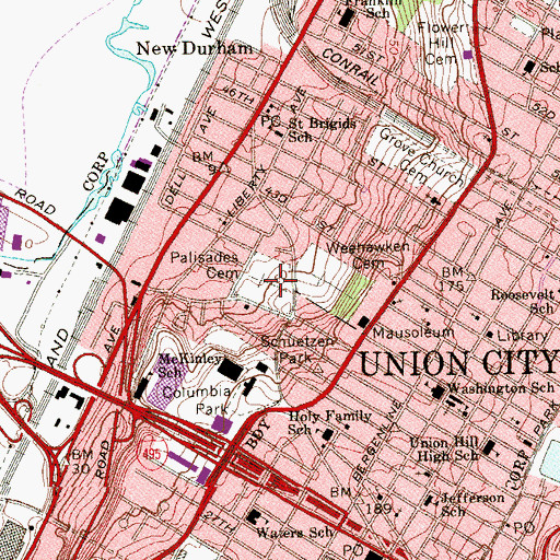 Topographic Map of Palisades Cemetery, NJ