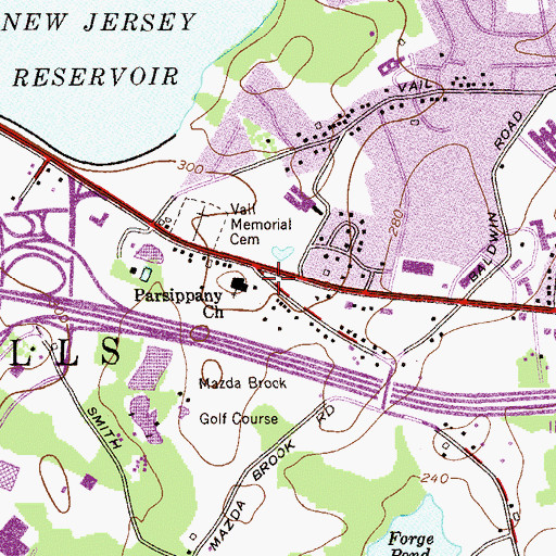 Topographic Map of Parsippany Church, NJ