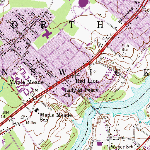 Topographic Map of Red Lion, NJ