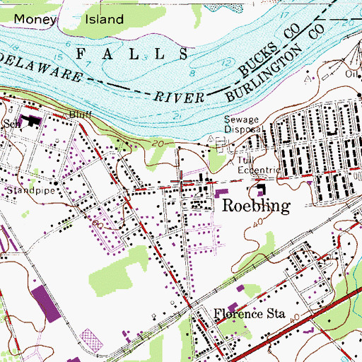 Topographic Map of Roebling, NJ