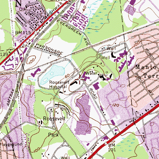 Topographic Map of Roosevelt Hospital, NJ