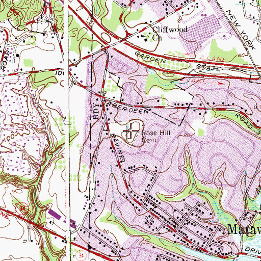 Topographic Map of Rose Hill Cemetery, NJ