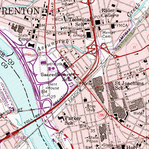 Topographic Map of Sacred Heart School of Trenton, NJ