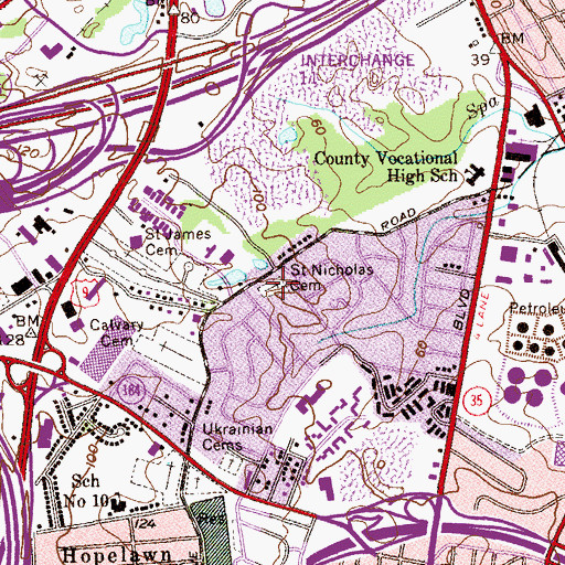 Topographic Map of Saint Nicholas Cemetery, NJ