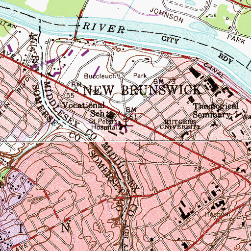 Topographic Map of Saint Peters University Hospital, NJ