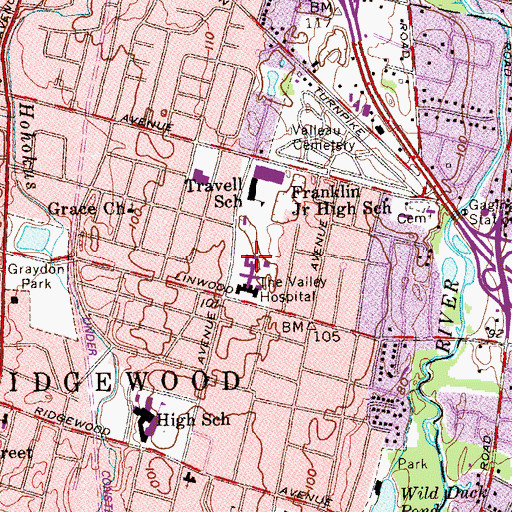 Topographic Map of Valley Hospital, NJ