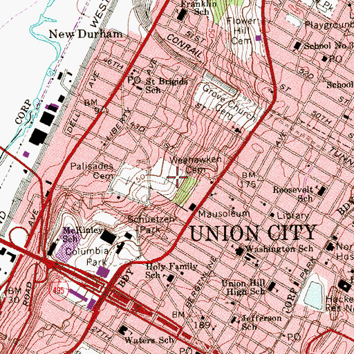 Topographic Map of Weehawken Cemetery, NJ