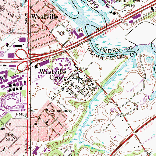 Topographic Map of Westville Grove, NJ