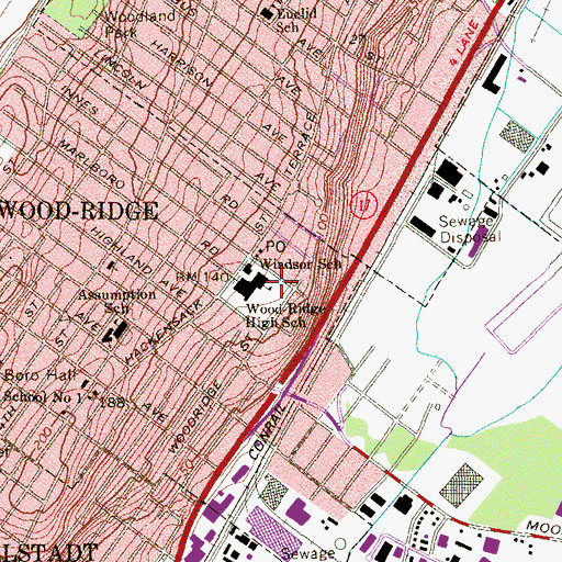 Topographic Map of Wood-Ridge High School, NJ