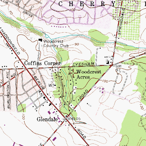 Topographic Map of Woodcrest Acres, NJ