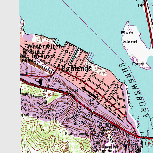 Topographic Map of Highlands, NJ