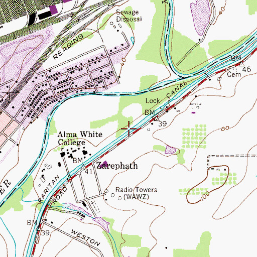 Topographic Map of Delaware and Raritan Canal State Park, NJ