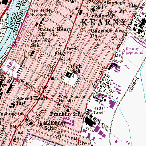 Topographic Map of Kearny High School, NJ