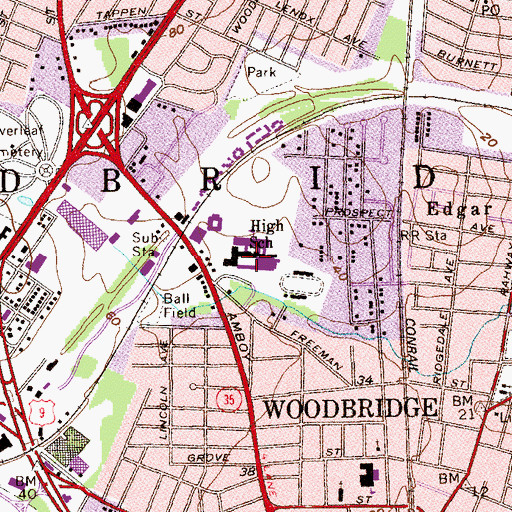 Topographic Map of Woodbridge High School, NJ