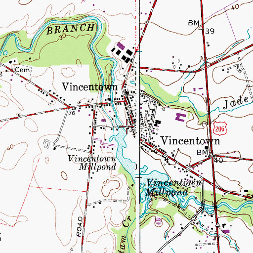 Topographic Map of Vincentown Mill Dam, NJ