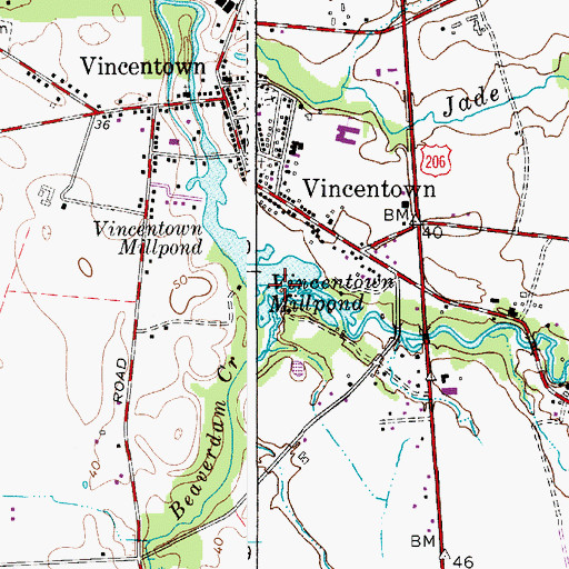 Topographic Map of Vincentown Millpond, NJ