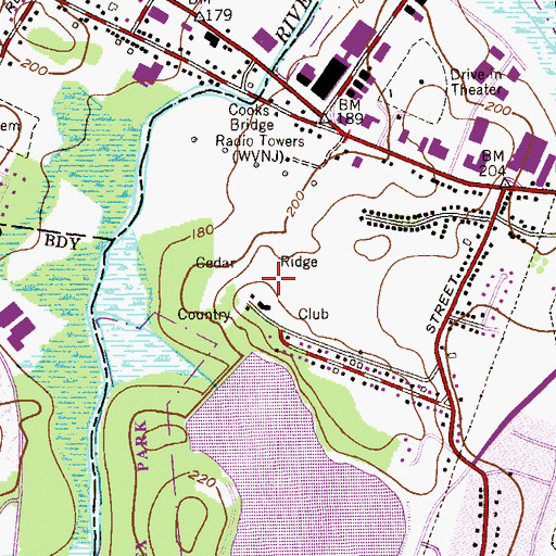 Topographic Map of Cedar Ridge Country Club, NJ