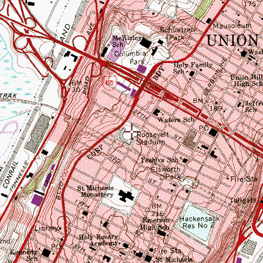 Topographic Map of Roosevelt Stadium (historical), NJ