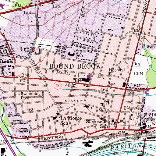 Topographic Map of Borough of Bound Brook, NJ