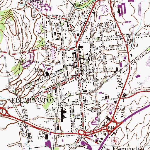 Topographic Map of Borough of Flemington, NJ