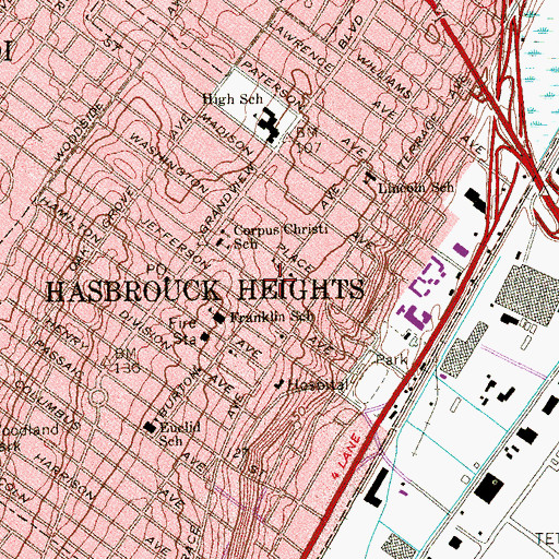 Topographic Map of Borough of Hasbrouck Heights, NJ