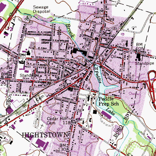Topographic Map of Borough of Hightstown, NJ