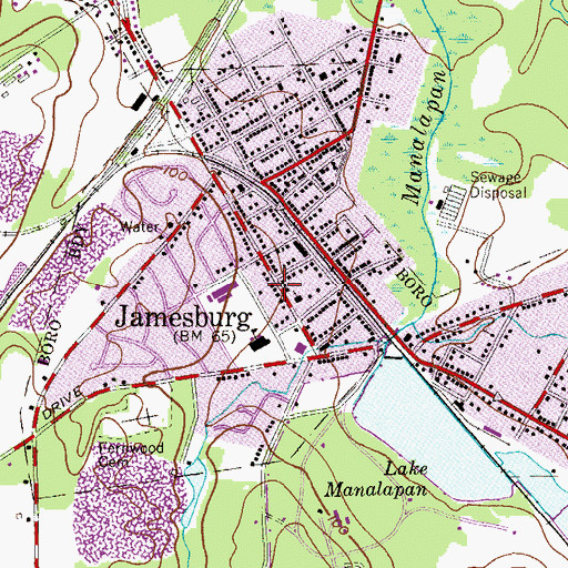 Topographic Map of Borough of Jamesburg, NJ