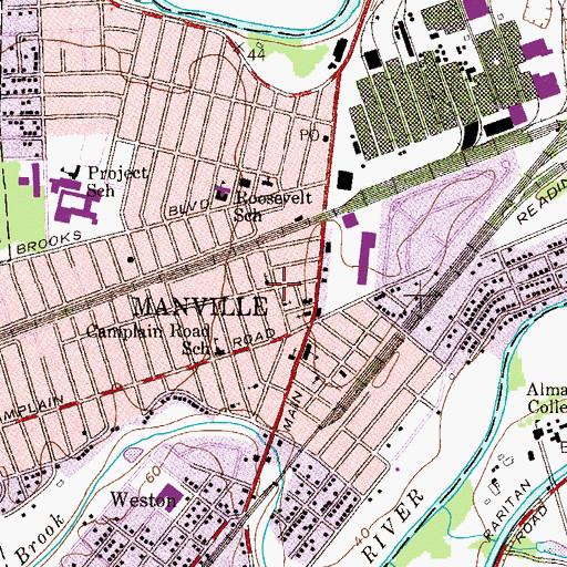 Topographic Map of Borough of Manville, NJ