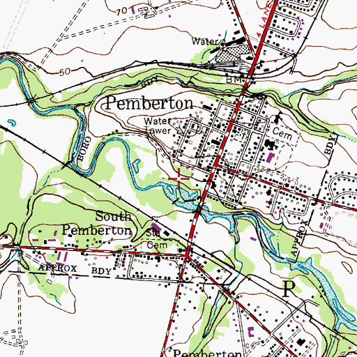 Topographic Map of Borough of Pemberton, NJ