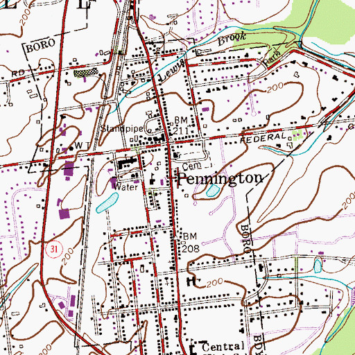 Topographic Map of Borough of Pennington, NJ