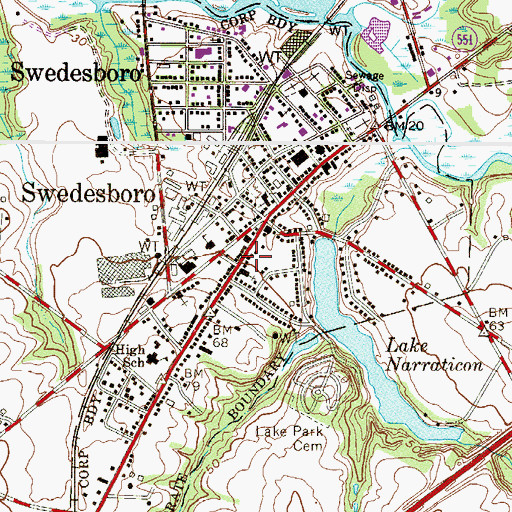 Topographic Map of Borough of Swedesboro, NJ