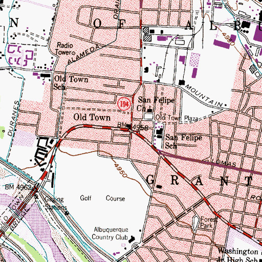 Topographic Map of Old Town Plaza on the Camino Real Historical Marker, NM