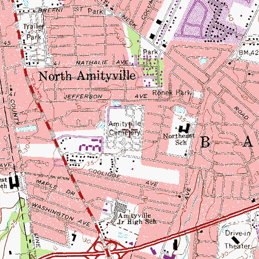 Topographic Map of Amityville Cemetery, NY