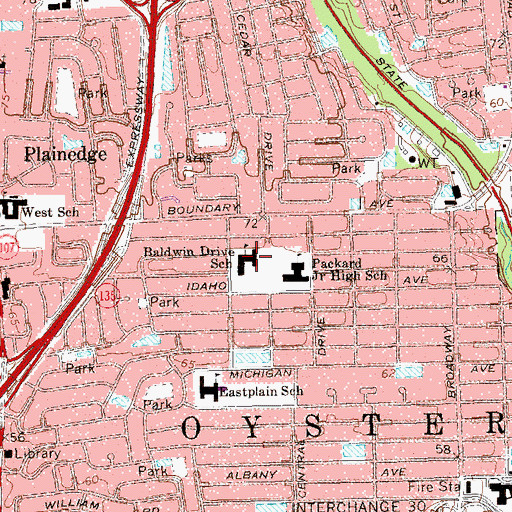 Topographic Map of Baldwin Drive School, NY