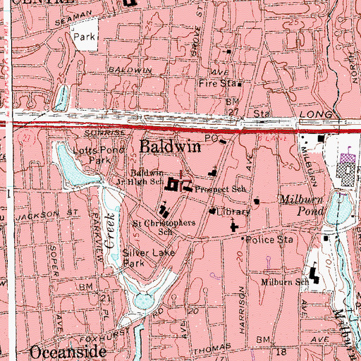 Topographic Map of Baldwin Junior High School, NY